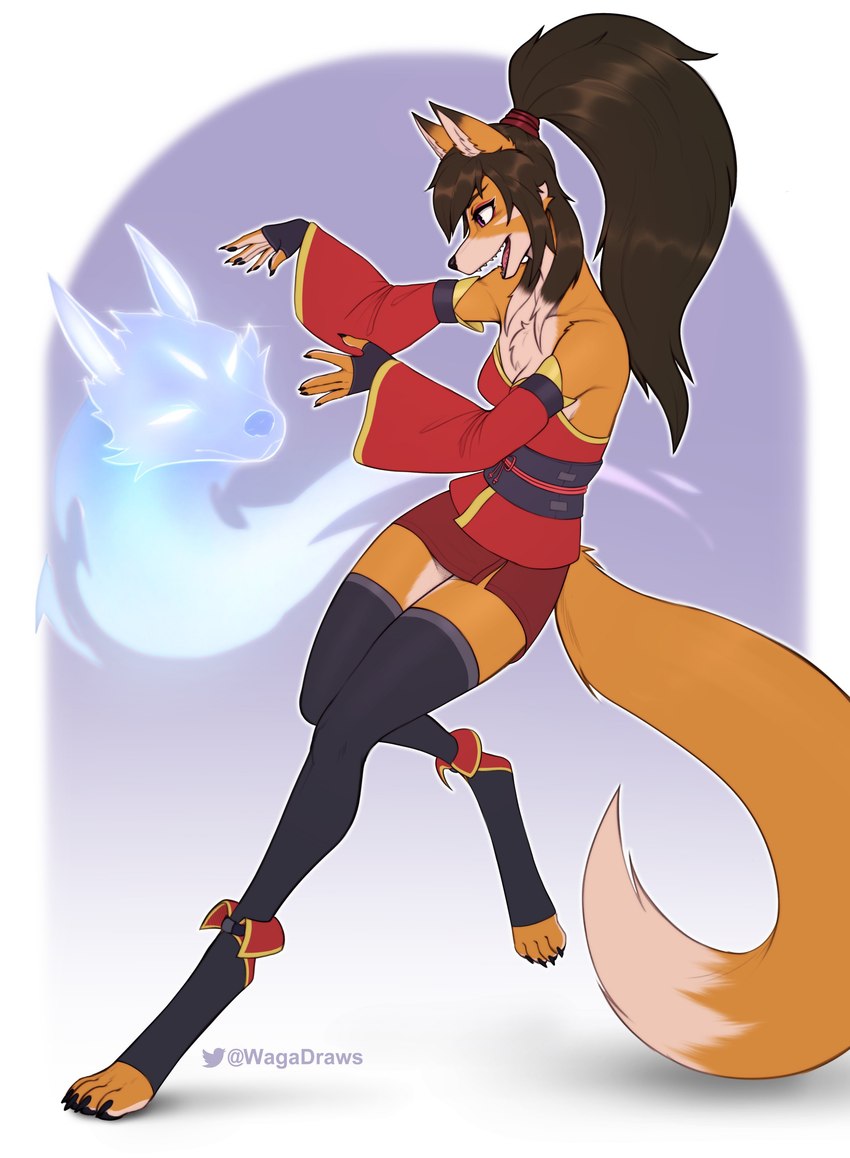 accessory action_pose anthro bangs bottomwear brown_hair chest_tuft claws clothing conjuration digitigrade dipstick_tail feet female fingerless_gloves fluffy fluffy_tail fur gloves gradient_background hair hair_accessory hair_tie handwear long_tail magic_user markings miniskirt on_one_leg open_mouth open_smile orange_body orange_fur ponytail pose simple_background skirt slim smile solo standing summoning tail tail_markings text toe_claws toeless_legwear toeless_stockings toes tuft w4g4 kumiho_(purplelemons) canid canine fox mammal spirit 2024 absurd_res digital_media_(artwork) english_text hi_res shaded soft_shading