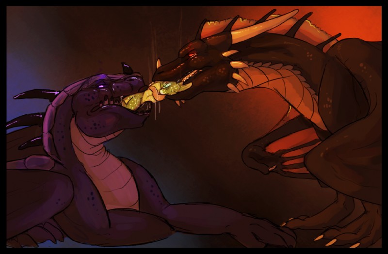 black_border bodily_fluids border claws drooling duo feral gaping_mouth horn imminent_vore male male_pred male_prey open_mouth oral_vore saliva scales size_difference teeth throat tongue tug_of_vore vore wings finalroar mythology dragon mythological_creature mythological_scalie scalie