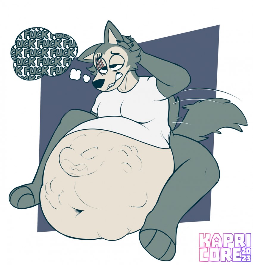 abdominal_bulge anthro belly big_belly bottomless clothed clothing deep_navel duo embarrassed eye_scar facial_scar huge_belly hyper hyper_belly imprint male navel profanity scar shirt shirt_only simple_background tail tail_motion tailwag tan_body text thought_bubble topwear topwear_only unwilling_prey vore kapricore beastars legoshi_(beastars) canid canine canis mammal wolf 2023 hi_res