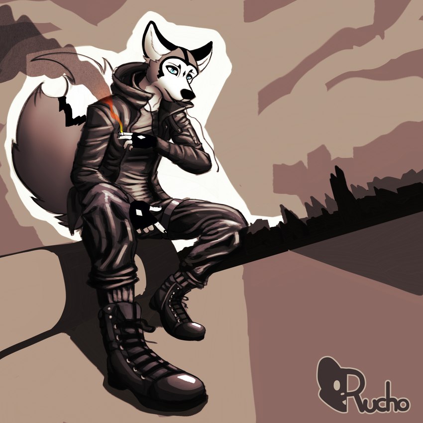 anthro black_ears blue_eyes cigarette clothing fur grey_body grey_fur jacket leather leather_clothing leather_jacket leather_shoes leather_topwear male simple_background smoking smoking_cigarette solo topwear white_body rucho theo_(rucho) arctic_fox canid canine fox mammal true_fox 1:1 absurd_res hi_res