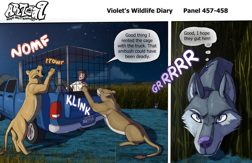 5_toes african ambiguous_gender ambush angry annoyed attack barefoot bars being_watched biped black_bottomwear black_clothing black_eyebrows black_pants black_text blue_eyes blue_vehicle border bottomwear brown_body brown_fur brown_hair brown_nose brown_text cage cheek_tuft close-up clothed clothing cloud countershade_face countershade_torso countershading detailed_background dialogue digitigrade ear_tuft exclamation_point eye_contact eyebrows facial_markings facial_tuft fangs feet female feral front_view fur fur_markings fur_tuft grass green_eyes grey_body grey_clothing grey_countershading grey_fur grey_inner_ear grey_inner_ear_fluff grey_markings grey_shirt grey_topwear grey_tuft group growling hair half-closed_eyes head_markings head_tuft hiding inner_ear_fluff larger_ambiguous larger_feral long_tail looking_at_another looking_down looking_up lying male markings mountain narrowed_eyes nature night nude number on_back on_front on_grass on_ground open_mouth outside pants paws photo_background pink_body pink_nose pink_skin pink_text plant purple_nose purple_text quadruped roaring scared shirt short_hair shrub side_view sitting size_difference sky smaller_ambiguous smaller_feral smaller_human smaller_male sound_effects speech_bubble star starry_sky surprise tail tail_tuft tan_body tan_fur teeth text thin_tail thinking thought_bubble thoughtful_expression three-quarter_view toes topwear truck_(vehicle) tuft vehicle white_border white_text wide_eyed yellow_body yellow_fur artca9 indigo_(artca9) nickle_(artca9) rani_(artca9) tiifu_(artca9) canid canine canis domestic_dog felid human husky lion mammal nordic_sled_dog pantherine spitz 2023 colored comic digital_drawing_(artwork) digital_media_(artwork) english_text hi_res multiple_scenes photography_(artwork) shaded watermark