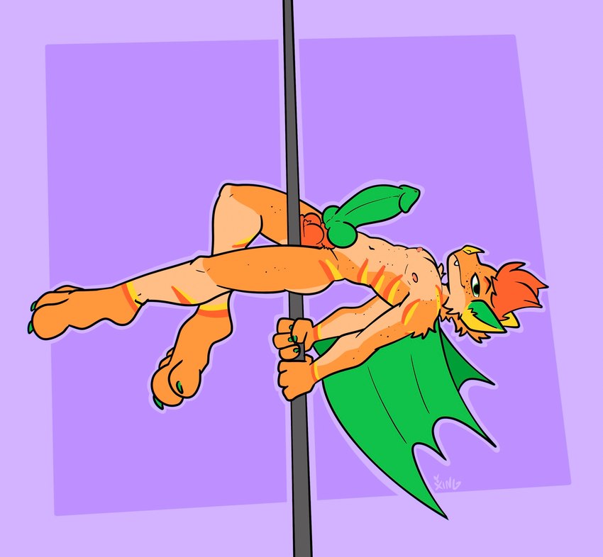 anthro balls bedroom_eyes dancing erection fur genitals green_membrane hair half-closed_eyes hybrid_genitalia hybrid_penis knot male markings membrane_(anatomy) membranous_wings narrowed_eyes nude orange_body orange_fur orange_hair orange_markings penis pole pole_dancing purple_background seductive simple_background smile smirk smug smug_face solo winged_arms wings yellow_markings xing1 bat mammal hi_res