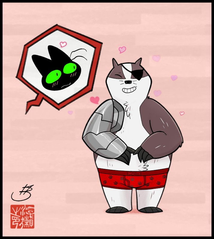 anthro belly black_body black_border black_fur black_nose blush border boxer_briefs bulge clothing eye_patch eyewear fur heart_symbol male overweight overweight_anthro overweight_male red_clothing red_underwear solo underwear white_body white_fur fudatsu cartoon_network mao_mao:_heroes_of_pure_heart badgerclops sheriff_mao_mao_mao badger domestic_cat felid feline felis mammal mustelid musteline 2019 hi_res