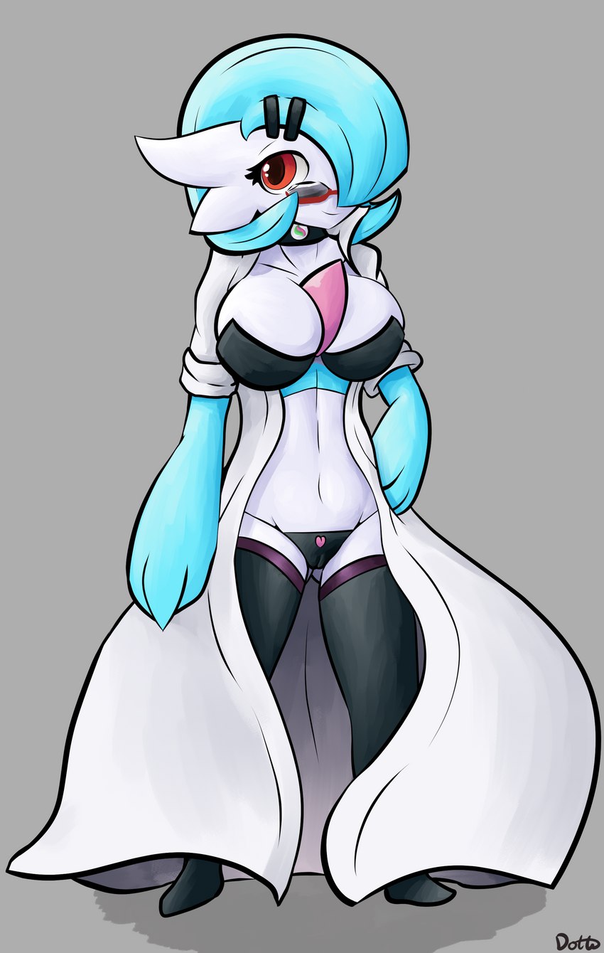 breasts clothed clothing eyewear female glasses not_furry simple_background solo topwear dittodotto nintendo pokemon dr._voir fan_character gardevoir generation_3_pokemon pokemon_(species) shiny_pokemon absurd_res digital_media_(artwork) hi_res