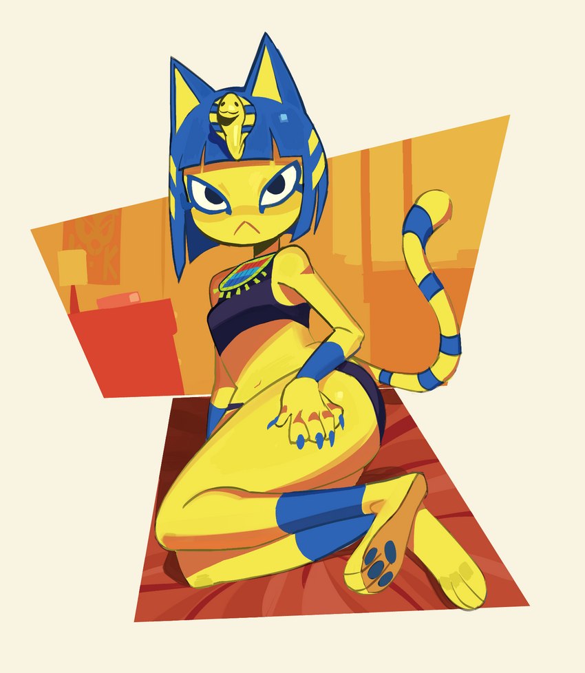 :< abstract_background anthro bed blue_hair claws clothing egyptian egyptian_clothing eyeliner female frown furniture hair looking_at_viewer lying makeup markings navel on_side panties pawpads shirt short_hair solo striped_markings striped_tail stripes tail tail_markings tank_top topwear underwear uraeus usekh amiokay animal_crossing nintendo ankha_(animal_crossing) domestic_cat felid feline felis mammal 2023 full-length_portrait hi_res portrait