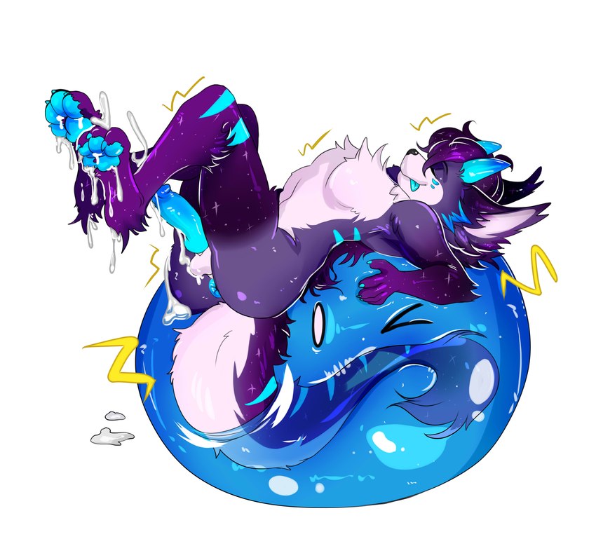 anthro blue_paws blue_stripes duo male purple_body slime space stripes morisatoshtern mythology fenrisloxias canid canine canis dragon goo_creature hybrid mammal mythological_creature mythological_scalie scalie slime_(blob) wolf absurd_res hi_res