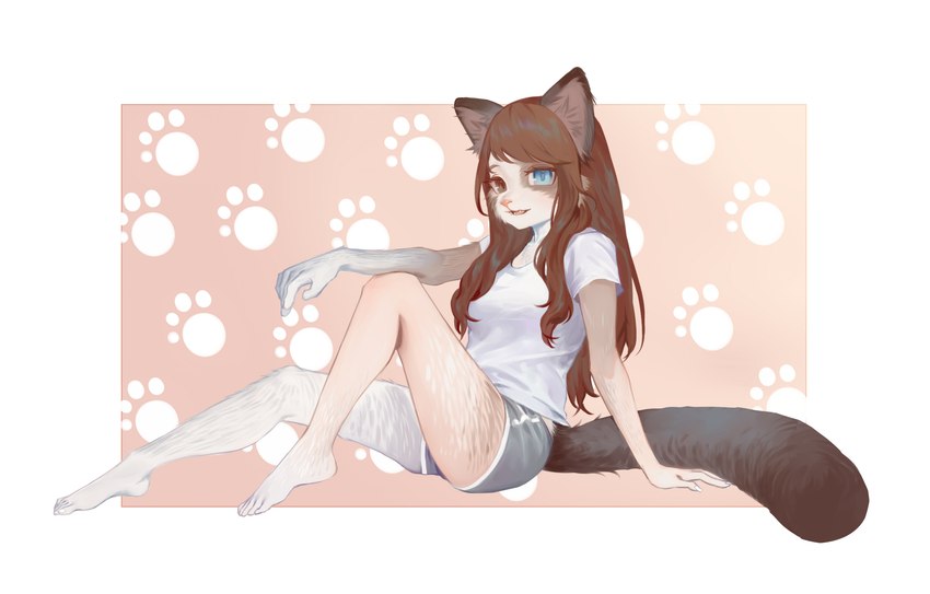 barefoot blue_eyes bottomwear brown_eyes brown_hair clothing feet female fur grey_body grey_fur hair human_to_anthro looking_at_viewer shirt shorts simple_background sitting smile solo species_transformation tail topwear transformation white_background white_clothing white_shirt white_topwear ora_ozen domestic_cat felid feline felis human mammal 2024 absurd_res hi_res