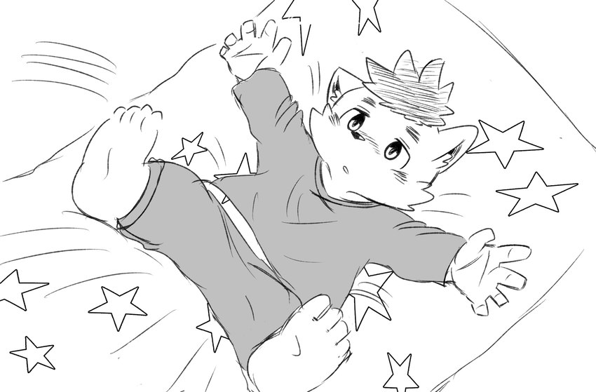 4_toes 5_fingers anthro barefoot bed blush clothing feet fingers furniture half-closed_eyes lying lying_on_bed male narrowed_eyes on_bed open_mouth pajamas pomf solo spread_arms spread_legs spreading toes young young_anthro young_male sdmyplaces_(artist) canid canine canis domestic_dog mammal 2019 greyscale hi_res monochrome