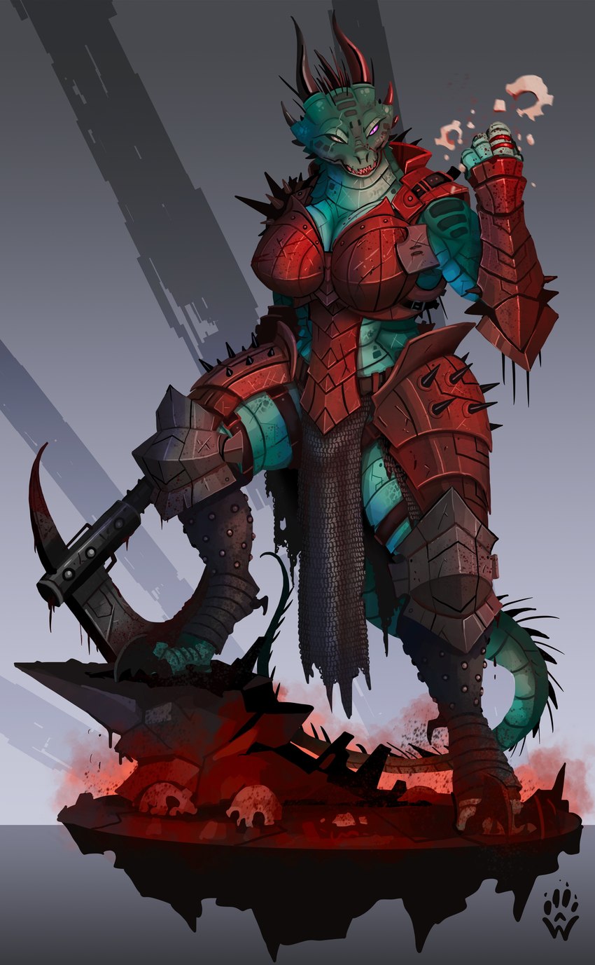 4_horns anthro armor axe big_breasts blood blood_on_face blood_on_weapon bodily_fluids bone boob_armor breasts chainmail digitigrade facial_scar female green_body green_scales heterochromia holding_object holding_weapon horn multi_horn muscular muscular_female scales scar skull solo spiked_armor spikes tail tail_spines weapon wolfdawg dungeons_and_dragons hasbro wizards_of_the_coast dragonborn_(dnd) scalie 2022 absurd_res digital_media_(artwork) hi_res