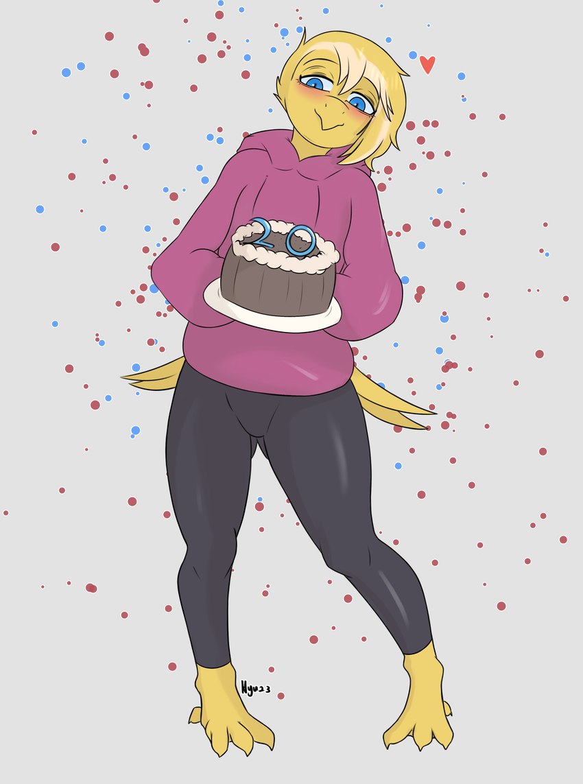 4_toes anthro avian_feet biped birthday birthday_cake black_bottomwear black_clothing black_pants blonde_hair blue_eyes blush bottomwear cake clothed clothed_anthro clothed_male clothing dessert feathers feet femboy food front_view hair happy heart_symbol holding_cake holding_food holding_object hoodie male medium_hair number pants pink_clothing pink_hoodie pink_topwear simple_background smile solo standing tail tail_feathers tight_bottomwear tight_clothing tight_pants toes topwear white_background yellow_body yellow_feathers yoga_pants hyuvevo hyu_(hyuvevo) avian bird 2024 absurd_res artist_name colored full-length_portrait hi_res portrait