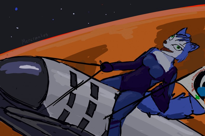 anthro blue_body blue_fur female fur green_eyes insane mars solo space spacecraft vehicle mercrantos 4chan nintendo spacex spacex_starship star_fox krystal_(star_fox) canid canine fox mammal