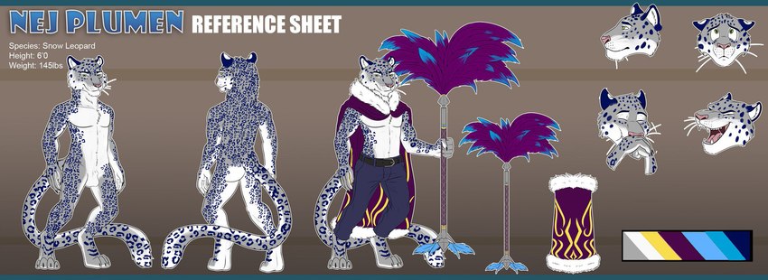 animal_genitalia anthro balls belt bottomwear cape cleaning_tool clothing feather_duster feathers genitals laugh magic_user male pants sheath solo spots text reddragon nej_plumen felid mammal pantherine snow_leopard english_text hi_res model_sheet