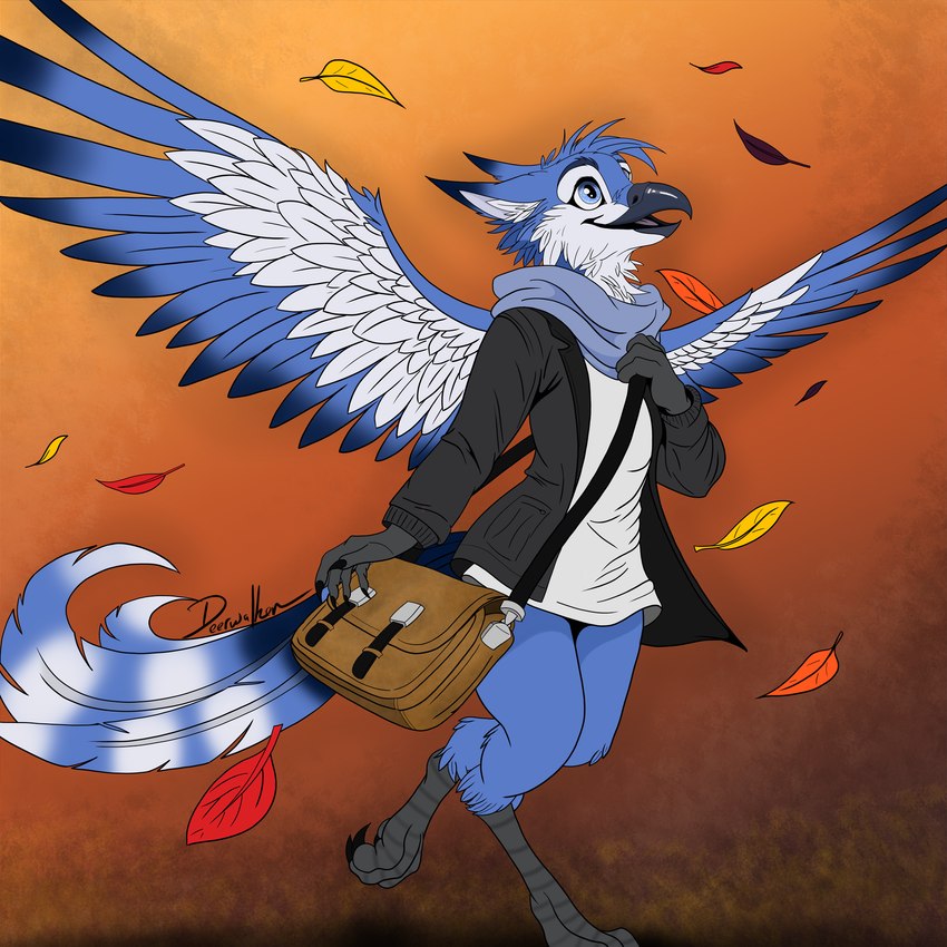 anthro autumn avian_feet back_wings beak blue_eyes bottomless clothed clothing feathers female jacket leaves_blowing long_ears looking_up messenger_bag pantsless pantsless_female scarf simple_background smile solo spread_wings sweater tail tail_feathers tongue topwear wings deerwalker avian bird blue_jay bluebird corvid jay_(bird) new_world_jay oscine passerine thrush_(bird) 1:1 flat_colors hi_res line_art