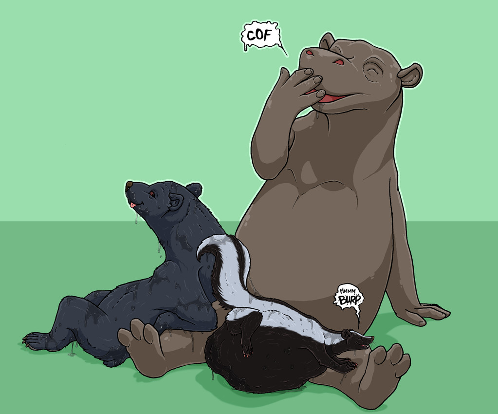 ambiguous_feral ambiguous_gender ambiguous_pred anthro belly big_belly black_body black_fur brown_body brown_eyes burping eyes_closed fatal_vore feral feral_pred fully_inside fur green_background group huge_belly hyper hyper_belly larger_anthro resting_on_belly semi-anthro short_tail simple_background size_difference smaller_feral smaller_pred striped_body striped_fur stripes tail tongue tongue_out trio vore white_body white_fur strega bear common_hippopotamus hippopotamid mammal mephitid skunk 2025 hi_res