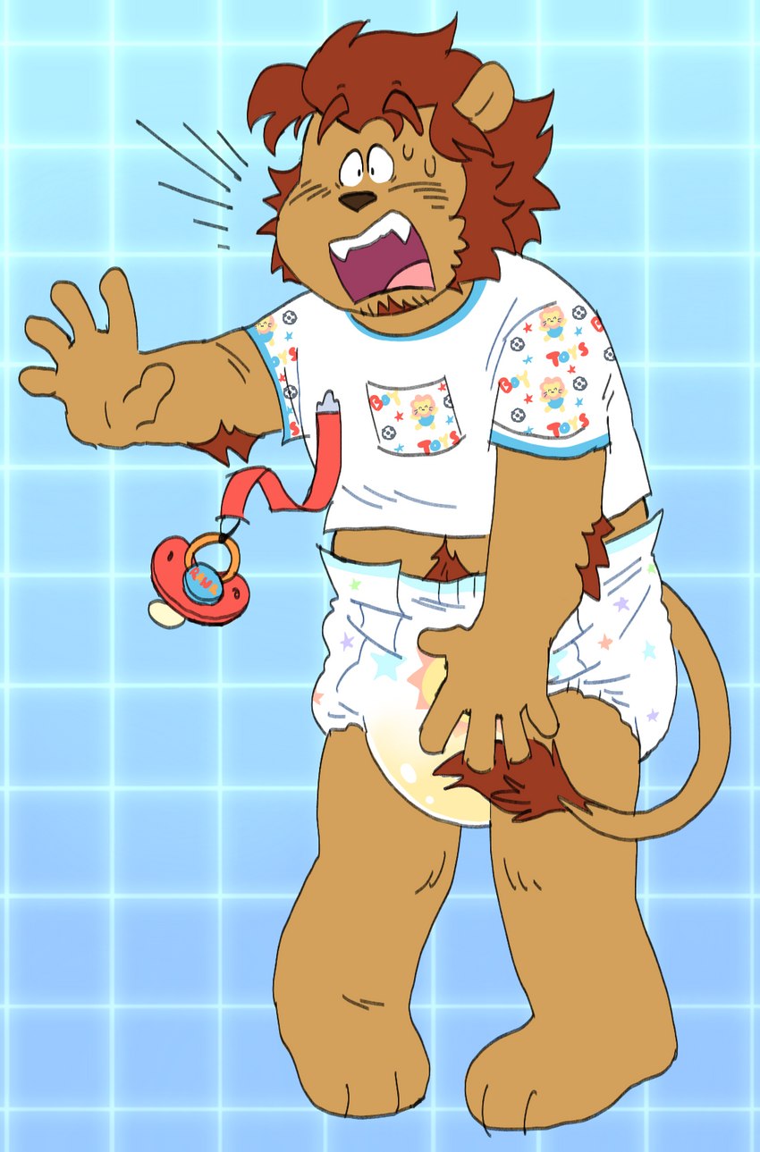 5_fingers ageplay anthro arm_tuft blush bodily_fluids body_hair caught_in_the_act chibi clothed clothing covering covering_self cute_fangs diaper elbow_tuft embarrassed fangs fingers genital_fluids happy_trail infantilism knock-kneed male mane open_mouth pacifier pacifier_clip pantsless partially_clothed reaching red_mane roleplay shirt simple_background solo surprised_expression t-shirt teeth topwear tuft unclean_diaper urine used_diaper wearing_diaper wet_diaper wetting slusheep alder_(shanghaiohmy) felid lion mammal pantherine 2022 digital_drawing_(artwork) digital_media_(artwork) flat_colors full-length_portrait hi_res portrait