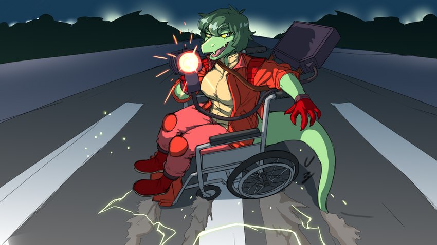 5_fingers action_pose anthro boots breasts clothing disability female fingers footwear gloves green_body green_hair green_scales grey_eyes gun hair handwear highway holding_gun holding_object holding_ranged_weapon holding_weapon jacket knee_pads laser_gun long_tail looking_at_viewer open_mouth paraplegic plantigrade pointing_gun pose pupils ranged_weapon scales shirt shoes sitting slit_pupils solo tail tongue topwear vehicle weapon wheelchair yellow_sclera prometheuzone akira_(film) akira_slide cavemanon_studios i_wani_hug_that_gator olivia_halford shotaro_kaneda baryonyx dinosaur prehistoric_species reptile scalie spinosaurid theropod 16:9 colored hi_res widescreen