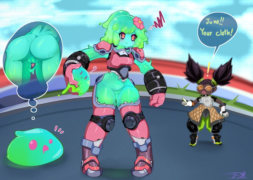 accessory angry anthro armor blush blush_lines bodily_fluids boots bottomless breastplate butt clothed clothing curvy_figure dialogue duo female flower flower_in_hair footwear from_front_position genitals gloves green_body green_hair hair hair_accessory handwear hourglass_figure on_bottom panicking plant plump_labia pussy question_mark shoes slime slimesisters small_waist sweat sweaty_arms sweaty_butt sweaty_face sweaty_legs sweaty_thighs text thick_thighs torn_clothing vaginal wide_hips denva9 omega_strikers juno_(omega_strikers) luna_(omega_strikers) goo_creature goo_humanoid humanoid english_text hi_res