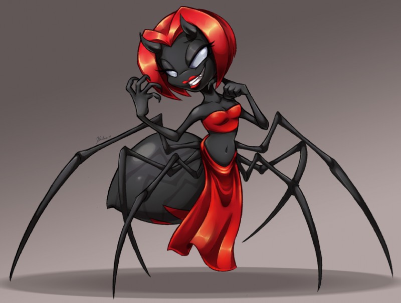 bottomwear breasts cleavage clothed clothing empty_eyes female grey_background hair horn loincloth looking_at_viewer midriff navel non-mammal_breasts red_hair short_hair simple_background smile solo topwear tube_top heilos exterminatus_now vitani_(exterminatus_now) arachnid arachnid_taur arthropod arthropod_taur demon spider spider_taur taur 2014