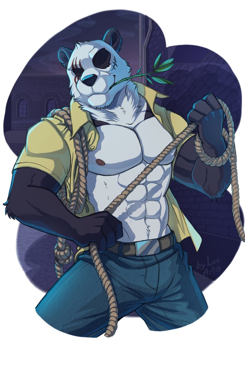 anthro belt black_body black_fur blue_bottomwear blue_clothing blue_pants bottomwear clothing detailed_background fur jacket male muscular muscular_anthro muscular_male pants rope solo topwear wall_(structure) white_body white_fur window leo-artis beastars netflix gouhin_(beastars) bear giant_panda mammal 2023 2:3 absurd_res digital_media_(artwork) hi_res