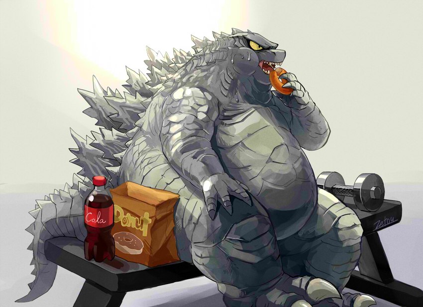 4_fingers anthro back_spikes barbell belly bench beverage big_belly biped bodily_fluids bottle box claws container dessert doughnut eating eating_food finger_claws fingers food green_body green_scales male obese obese_anthro obese_male overweight overweight_anthro overweight_male pastry scales semi-anthro simple_background sitting solo spikes spikes_(anatomy) sweat sweatdrop sweaty_face toe_claws white_background yellow_sclera zetou godzilla_(series) toho godzilla godzilla_(2014) kaiju reptile scalie 2022 signature