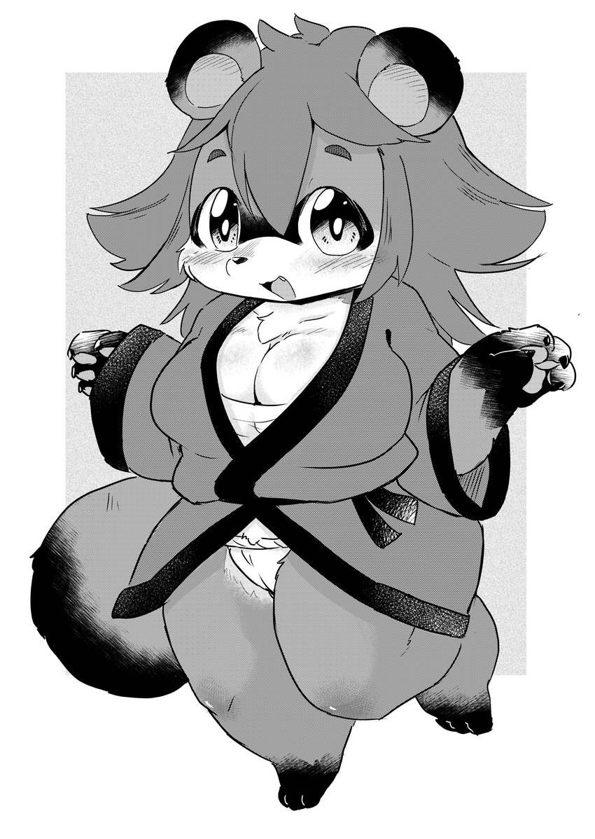 anthro asian_clothing big_breasts breasts camel_toe chest_tuft chibi claws cleavage clothed clothing east_asian_clothing facial_markings female fundoshi fur hair head_markings japanese_clothing kemono kimono markings mask_(marking) on_one_leg pawpads paws smile solo standing tuft underwear ukan_muri canid canine mammal raccoon_dog tanuki 2023 absurd_res hi_res monochrome