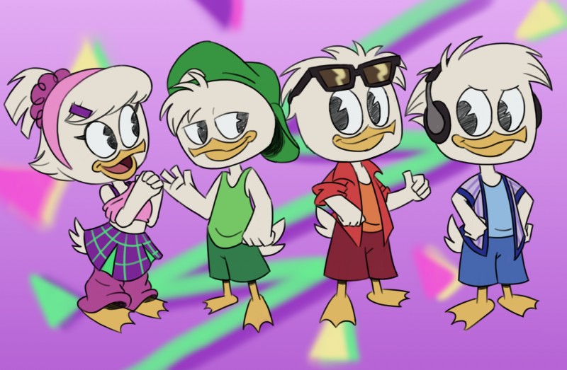 1990s 4_fingers anthro backwards_baseball_cap backwards_hat baseball_cap beak bottomwear clothed clothing electronics eyelashes eyewear feathers female fingers hat headgear headphones headwear male open_mouth open_smile shirt shorts smile sunglasses tank_top topwear white_body white_feathers yellow_beak itoruna disney ducktales ducktales_(2017) quack_pack dewey_duck huey_duck louie_duck webby_vanderquack anatid anseriform avian bird duck 2017 digital_media_(artwork) hi_res brother_(lore) brothers_(lore) cousins_(lore) sibling_(lore)