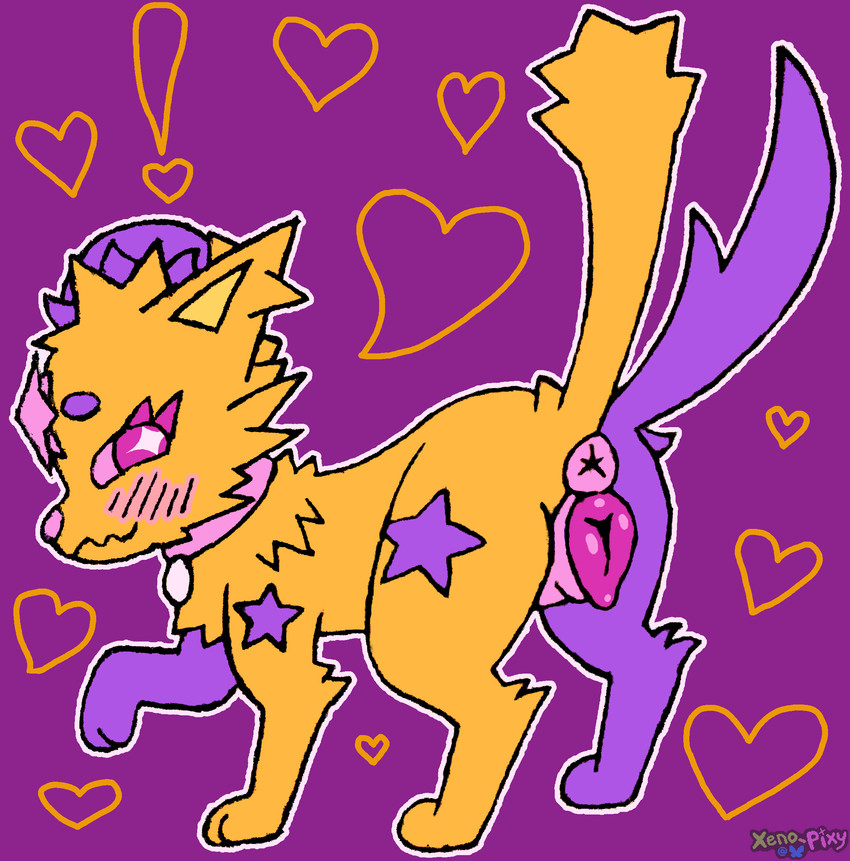 2_tails animal_genitalia animal_vulva anus blush canine_genitalia canine_vulva circle_eyebrows collar collar_tag darkened_genitalia duality embarrassed exclamation_point eyebrows eyelashes female feral flustered fur genitals geometric_background heart_symbol looking_at_viewer looking_back multi_tail multicolored_body multicolored_fur narrowed_eyes outline paws pink_anus pink_collar pink_eyes pink_vulva purple_body purple_fur quadruped raised_paw raised_tail simple_background solo sparklefur sparkles sparkling_eyes split_color squiggle_mouth standing star surprised tail three-quarter_view toony vulva yellow_body yellow_fur yuurg pupcat_stella_(yuurg) canid canine canis chimera domestic_cat domestic_dog elemental_creature felid feline felis light_creature mammal shadow_creature 2025 digital_media_(artwork) flat_colors full-length_portrait graphite_(artwork) hi_res mixed_media portrait traditional_media_(artwork) trans_(lore) trans_woman_(lore)