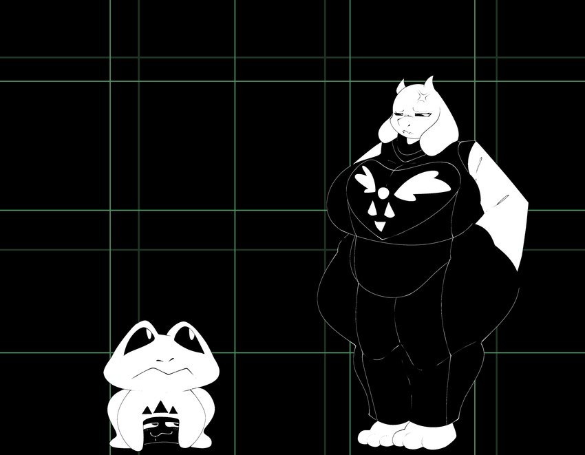 anthro big_breasts big_butt breasts butt clothed clothing duo female fur huge_breasts huge_butt larger_female male male/female simple_background size_difference smaller_male thick_thighs white_body wide_hips woopyy undertale undertale_(series) toriel amphibian boss_monster_(undertale) bovid caprine frog froggit goat mammal absurd_res digital_media_(artwork) hi_res