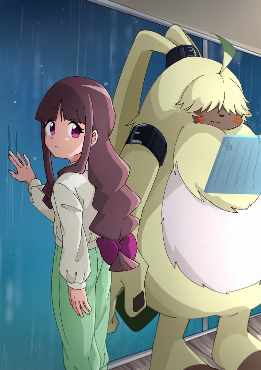 anthro brown_hair duo female fur hair hair_over_eyes long_ears long_hair male ponytail_ears raining yellow_body yellow_fur hata4455ori bandai_namco digimon digimon_ghost_game angoramon_(ghost_game) ruri_tsukiyono angoramon digimon_(species) human lagomorph leporid mammal rabbit hi_res