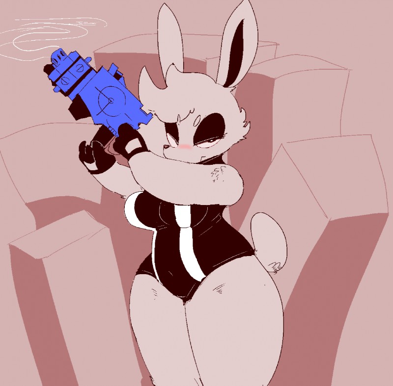 abstract_background anthro biped breasts clothed clothing female front_view fur gloves gun hair handwear head_tuft holding_gun holding_object holding_ranged_weapon holding_weapon latex leotard ranged_weapon smoke solo standing suit tuft weapon kiseff candy_mcgee lagomorph leporid mammal rabbit 2019 hi_res