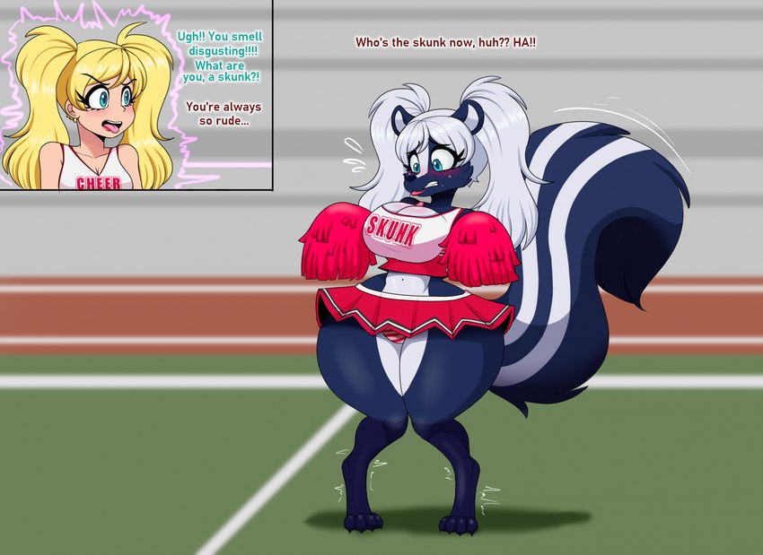 anthro big_breasts big_tail black_body black_fur blonde_hair blue_eyes blush bottomwear breasts cheerleader cheerleader_outfit clothing female fluffy fluffy_tail fur hair human_to_anthro knock-kneed panties pigtails pom_poms short_stack short_stackification skirt solo species_transformation tail text thick_thighs tongue tongue_out transformation underwear white_hair wide_hips flybeeth human mammal mephitid skunk english_text hi_res