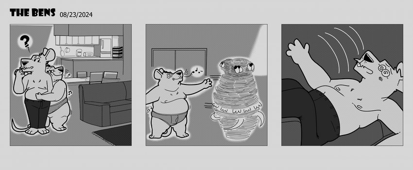 anthro belly clothing dancing duo furniture inside male male/male moobs nipples overweight overweight_male question_mark slightly_chubby sofa underwear barnem mammal murid murine rat rodent 2024 comic hi_res monochrome