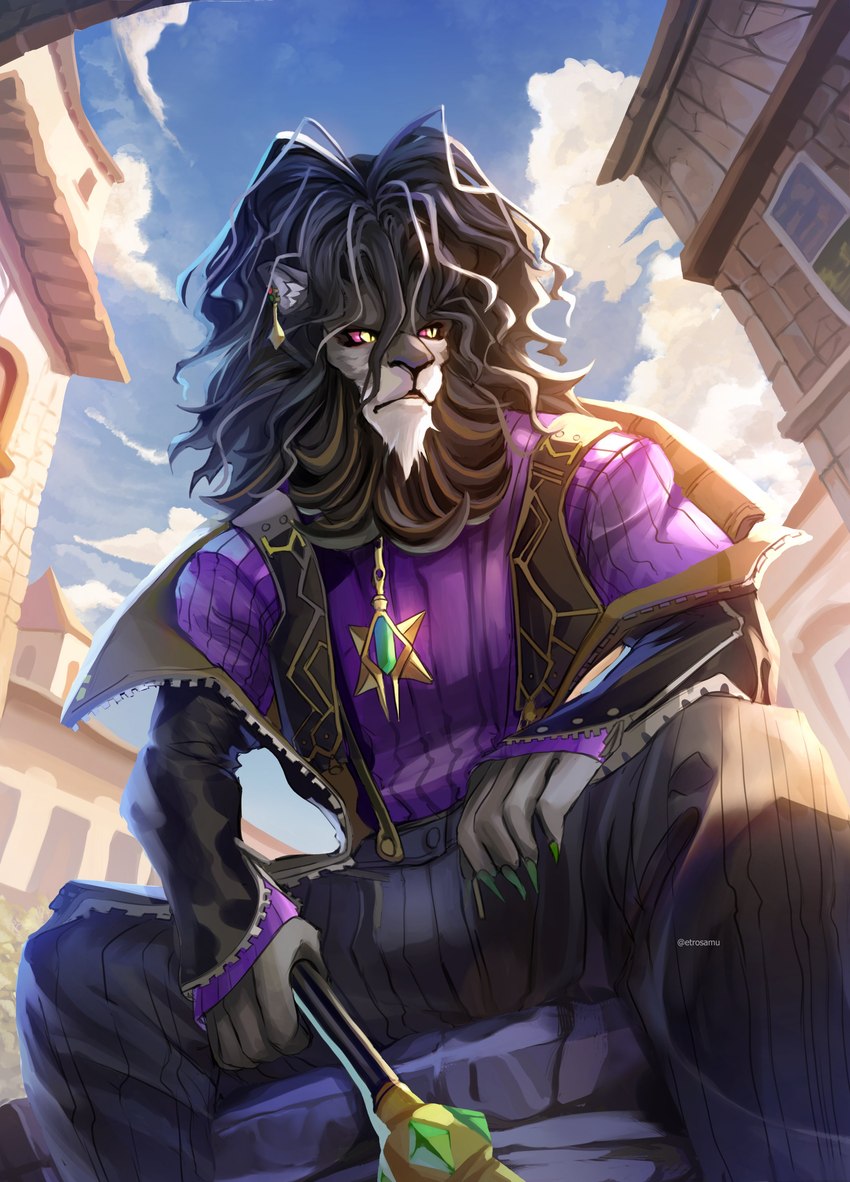 anthro black_mane claws clothing ear_piercing ear_ring fur green_claws grey_body grey_fur male mane piercing purple_clothing purple_eyes purple_topwear ring_piercing solo staff topwear zipper_jacket etrosamu dislyte lilith_games alolin_(dislyte) felid lion mammal pantherine absurd_res hi_res