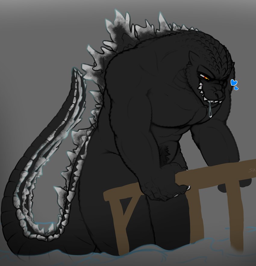 anthro bodily_fluids body_hair claws drooling happy_trail heart_reaction heart_symbol male musclegut muscular saliva simple_background smile solo tail teeth conditional_dnp skooma_whore godzilla_(series) toho godzilla kaiju lizard monster reptile scalie digital_media_(artwork) hi_res