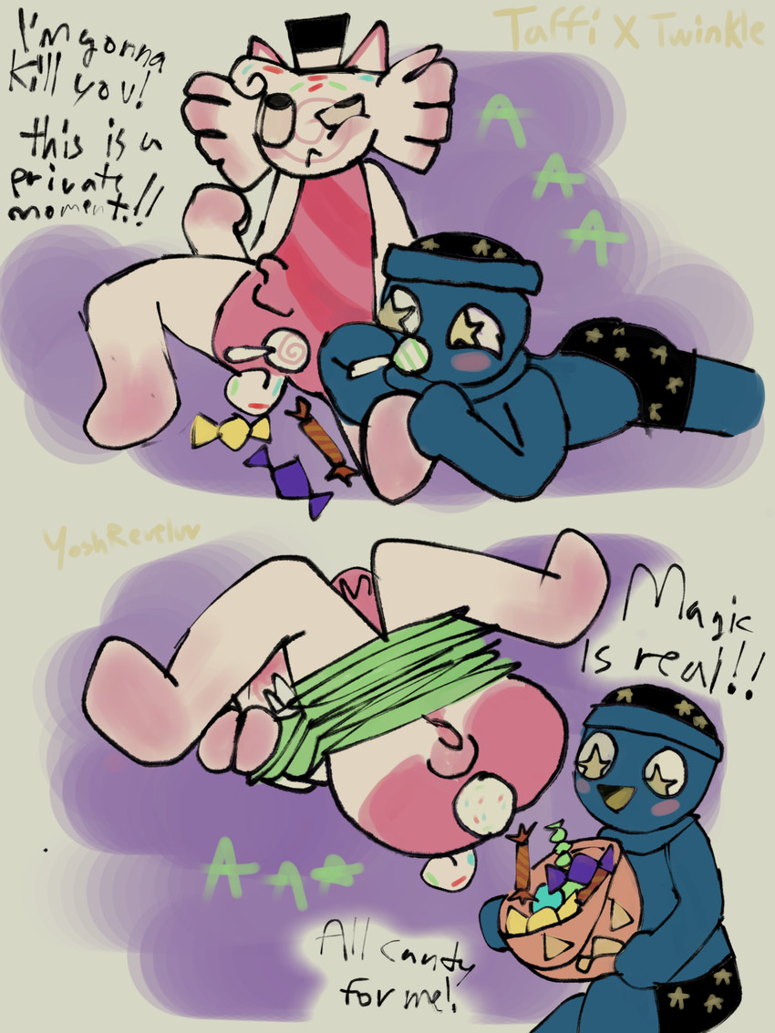 accessory ambiguous_gender anal anal_penetration angry arms_tied balls basket bdsm big_butt blue_body blush bondage bound boxers_(clothing) butt candy candy_in_ass cat_ear_headband clothing container dessert dialogue disgust disgusted_expression disgusted_face duo eating eating_candy eating_food embarrassed excited flaccid food food_fetish food_in_ass food_in_mouth food_insertion food_play foreskin fruit genitals half_naked happy hat headband headgear headwear holding_basket holding_container holding_object holidays humanoid_genitalia humanoid_penis improvised_sex_toy invasion_of_privacy jawbreaker legs_tied lollipop lollipop_in_ass magic_hat male male/male night_light nude open_mouth pain penetration penile penis pink_body plant pooping pooping_on_floor pumpkin resisting silly simple_background small_penis small_tail sparkles star star_eyes tail teeth text thick_thighs tongue toony touching_foot underwear yoshreveluv memory_lane taffi_(memory_lane) twinkle_(memory_lane) animate_inanimate food_creature humanoid living_candy 3:4 digital_media_(artwork) digital_painting_(artwork) english_text hi_res painting_(artwork)