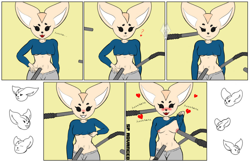 anthro big_ears blush breasts cleaning_tool clothed clothing crop_top female heart_symbol laugh midriff navel open_mouth shirt simple_background simple_eyes small_breasts smile solo sucking teeth_showing topwear under_boob vacuum_cleaner vacuum_tube kaliburr_advanced aggretsuko sanrio fenneko canid canine fennec_fox fox mammal true_fox hi_res