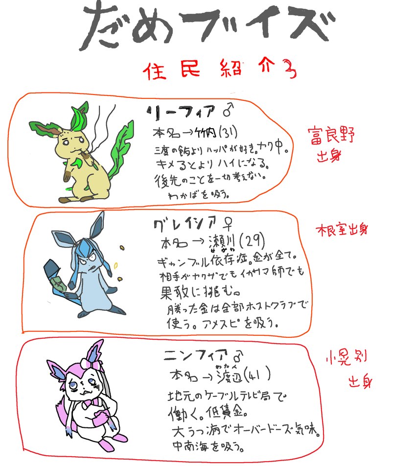 anthro anthrofied blue_body blue_fur coin dipstick_limbs dot_nose empty_eyes female fur gender_symbol looking_at_viewer looking_up male male_symbol money paws ribbons_(anatomy) sitting smoke smoking symbol text geboku nintendo pokemon eeveelution generation_4_pokemon generation_6_pokemon glaceon leafeon pokemon_(species) sylveon 2020 absurd_res digital_drawing_(artwork) digital_media_(artwork) hi_res japanese_text translation_request