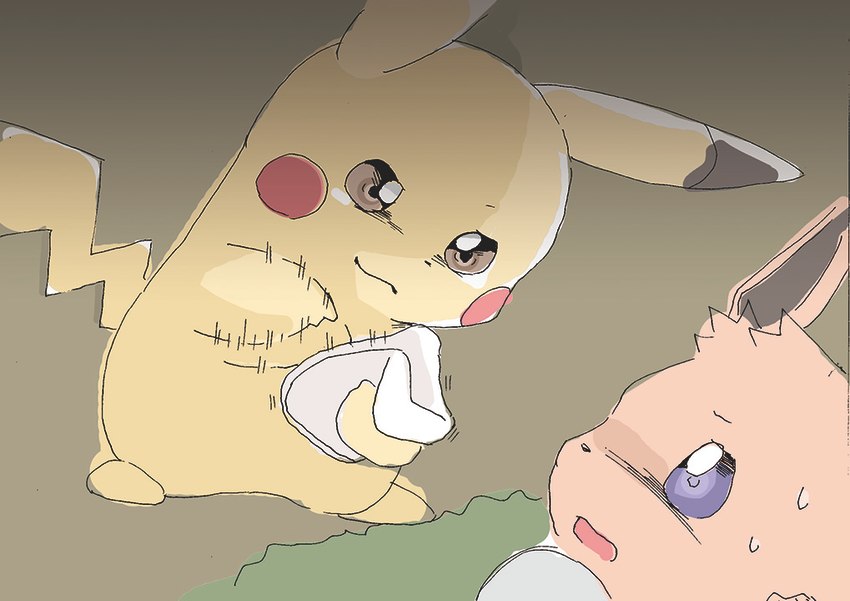 ambiguous_gender bodily_fluids brown_body brown_eyes duo holding_object holding_towel motion_lines open_mouth purple_eyes red_cheeks soft_smartphone_(inmu) standing sweat towel yellow_body get_it_go manatsu_no_yo_no_inmu nintendo pokemon eevee generation_1_pokemon pikachu pokemon_(species) 2018