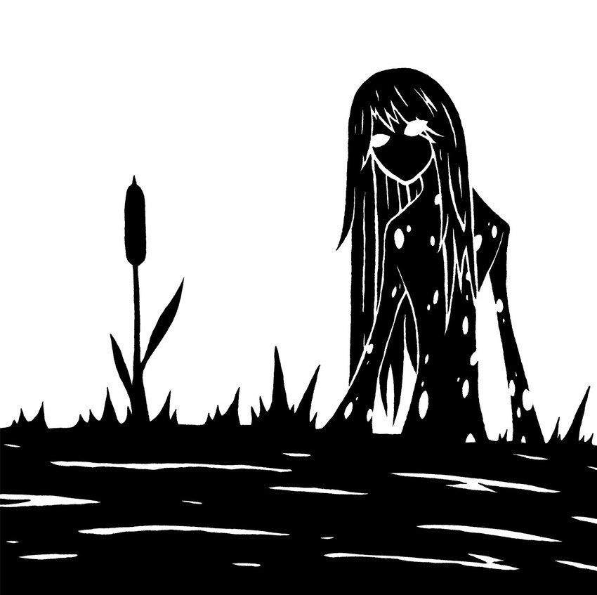 cattail_(plant) empty_eyes eye_through_hair female grass hair long_hair markings partially_submerged plant silhouette simple_background solo spots spotted_body spotted_skin straight_hair swamp translucent translucent_hair water white_background sunnyclockwork scp_foundation scp-811 humanoid swamp_monster 2014 black_and_white digital_drawing_(artwork) digital_media_(artwork) hi_res monochrome