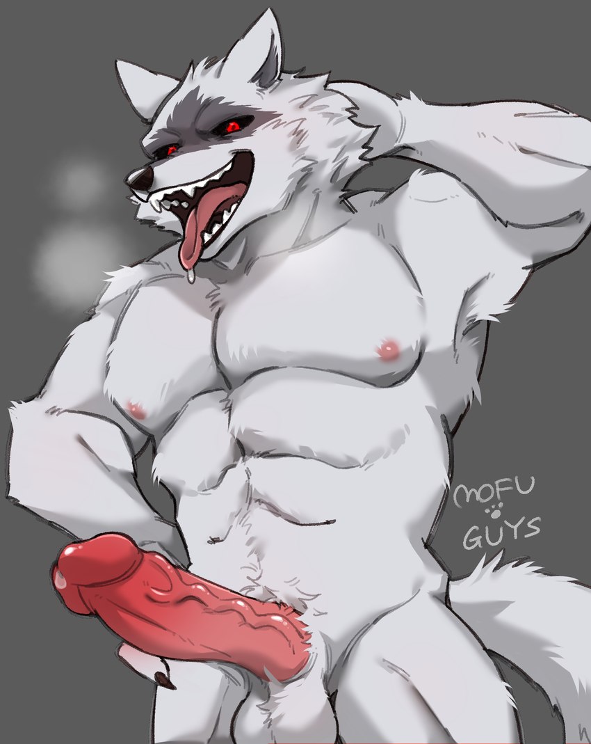 abs anthro balls belly_tuft big_penis bodily_fluids breath casual_erection cheek_tuft chest_tuft claws erection facial_markings facial_tuft fangs fluffy fluffy_tail fur fuzzy genital_fluids genitals grey_background grey_body grey_fur hand_behind_head hand_on_hip head_markings head_tuft humanoid_genitalia humanoid_penis looking_at_viewer male markings mask_(marking) muscular muscular_anthro muscular_male neck_tuft nipples open_mouth open_smile penis pose precum raised_arm red_eyes saliva simple_background smile solo standing tail teeth tongue tongue_out tuft vein veiny_penis white_body white_fur mufo_guys dreamworks puss_in_boots_(franchise) death_(puss_in_boots) canid canine canis mammal wolf hi_res signature