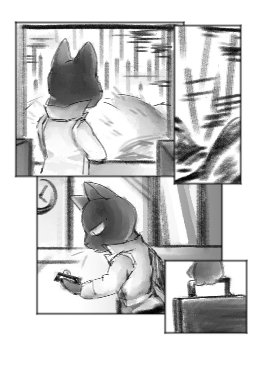 anthro clothing collared_shirt electronics fur grey_body grey_fur inside_train looking_at_object looking_at_phone looking_away male phone skinny_male suitcase text train train_station travel travelling vehicle pester ulysses_(pester) domestic_cat felid feline felis mammal 2022 absurd_res comic digital_media_(artwork) english_text greyscale hi_res monochrome shaded