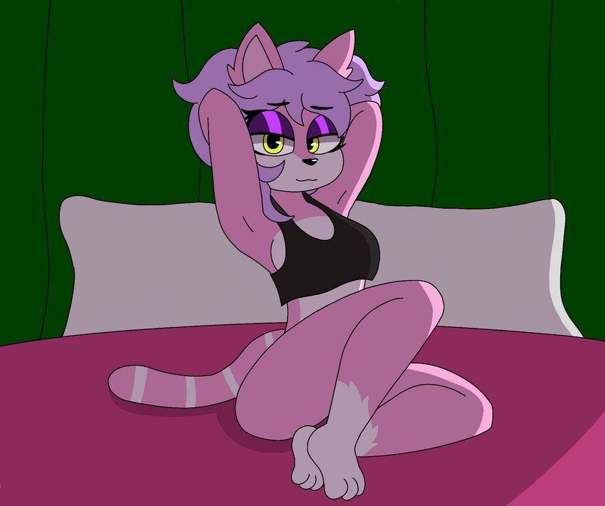 anthro bed bedroom_eyes big_breasts black_bra black_clothing black_underwear bottomless bra bra_only breasts clothed clothing female furniture narrowed_eyes seductive solo thick_thighs underwear underwear_only honibnuuy andrea_(honibnuuy) felid feline mammal hi_res