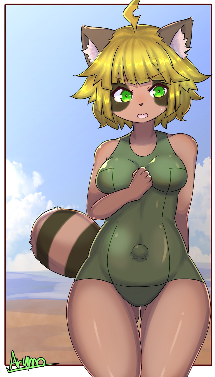 anthro blonde_hair blue_sky bodily_fluids brown_body brown_fur butt butt_from_the_front clothing ear_tuft eyebrow_through_hair eyebrows female front_view fur glistening glistening_hair green_clothing green_eyes green_swimwear hair inner_ear_fluff navel navel_outline one-piece_swimsuit open_mouth outie_navel outside pink_tongue sky solo sweat sweatdrop swimwear tongue translucent translucent_hair tuft wide_hips arumo canid canine mammal raccoon_dog tanuki alternate_version_at_source hi_res portrait three-quarter_portrait