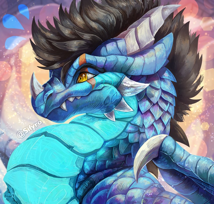 black_hair blue_body blue_scales blush detailed_painting feral glowing glowing_body glowing_scales hair horn nervous painting scales scar wings yellow_eyes blitzdrachin conditional_dnp mythology dragon mythological_creature mythological_scalie scalie 2023 portrait