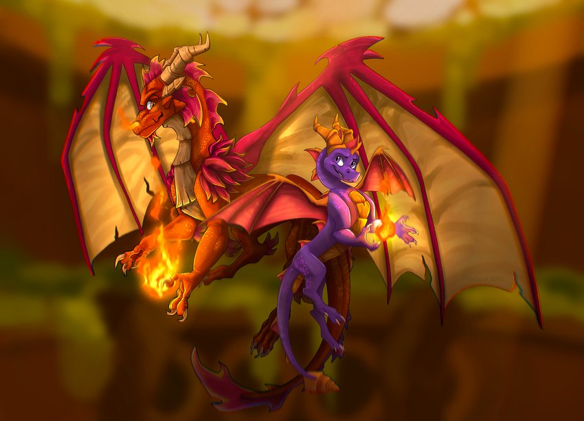 claws duo elemental_manipulation feral fire fire_manipulation horn inside male membrane_(anatomy) membranous_wings orange_body orange_eyes orange_scales purple_body purple_eyes purple_scales quadruped scales size_difference smile tail toe_claws wings fireopal activision european_mythology mythology spyro_the_dragon the_legend_of_spyro ignitus spyro dragon mythological_creature mythological_scalie scalie western_dragon 2022 full-length_portrait hi_res portrait