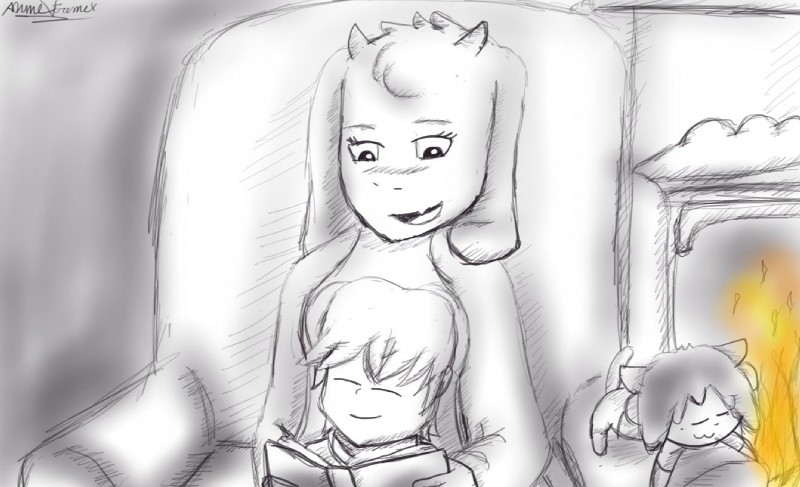 anthro book chair eyes_closed fire fur furniture group happy open_mouth reading sitting sleeping white_body white_fur animextremex undertale undertale_(series) frisk_(undertale) temmie_(undertale) toriel boss_monster_(undertale) bovid caprine human mammal tem