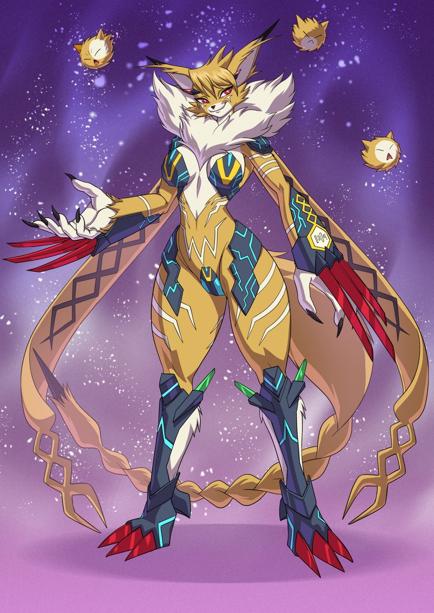 anthro armor black_claws black_nose blonde_hair breasts claws female fur hair neck_tuft pupils red_eyes smile solo tuft unusual_pupils white_body white_fur white_pupils yellow_body yellow_fur alanscampos bandai_namco digimon digimon_(species) domestic_cat felid feline felis maine_coon mammal meicrackmon meicrackmon_vicious_mode 2024 hi_res