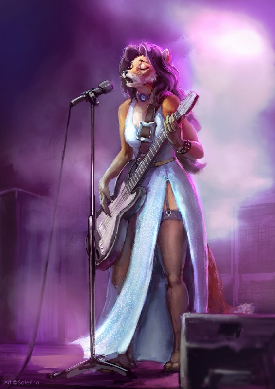 anthro black_hair blue_clothing blue_dress breasts choker claws clothed clothing dipstick_tail dress electric_guitar electronics eyes_closed female finger_claws garter_straps guitar hair jewelry legwear long_hair markings microphone multicolored_tail musical_instrument necklace open_mouth plucked_string_instrument singing slit_dress solo standing stockings string_instrument tail tail_markings thigh_highs whiskers saterina cassie_the_rock_vixen canid canine fox mammal red_fox true_fox hi_res