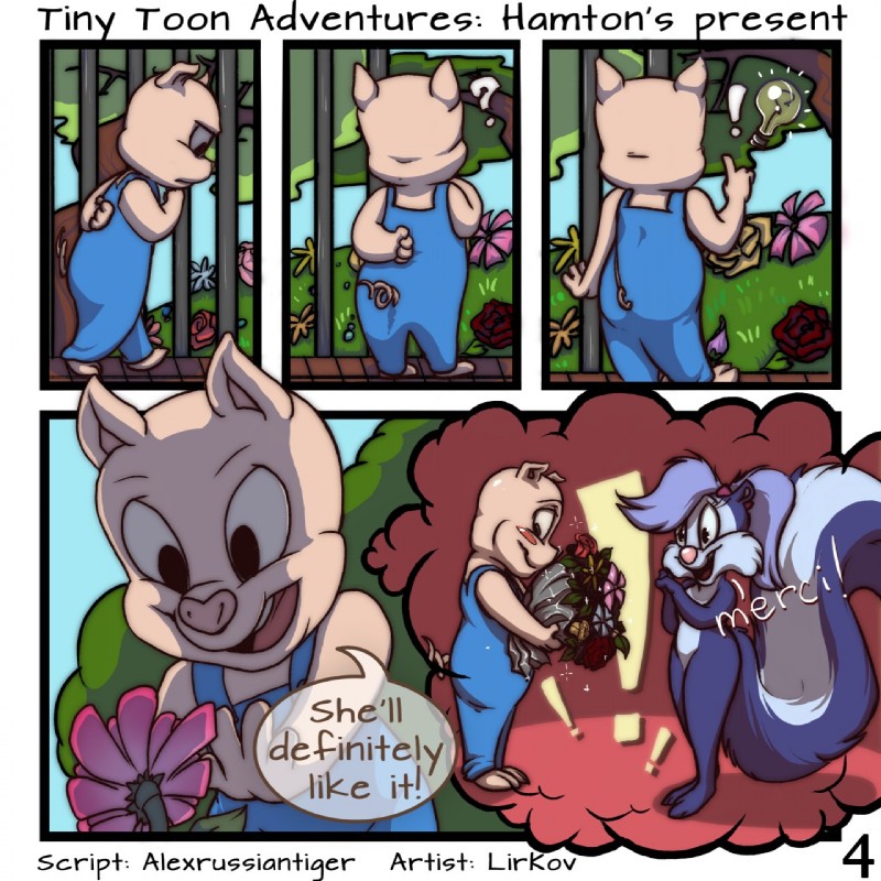 detailed_background duo exclamation_point female flower grass idea light_bulb male outside park plant question_mark text tree lirkov tiny_toon_adventures warner_brothers fifi_la_fume hamton_j._pig domestic_pig mammal mephitid skunk suid suine sus_(pig) 1:1 2018 comic digital_media_(artwork) english_text hi_res