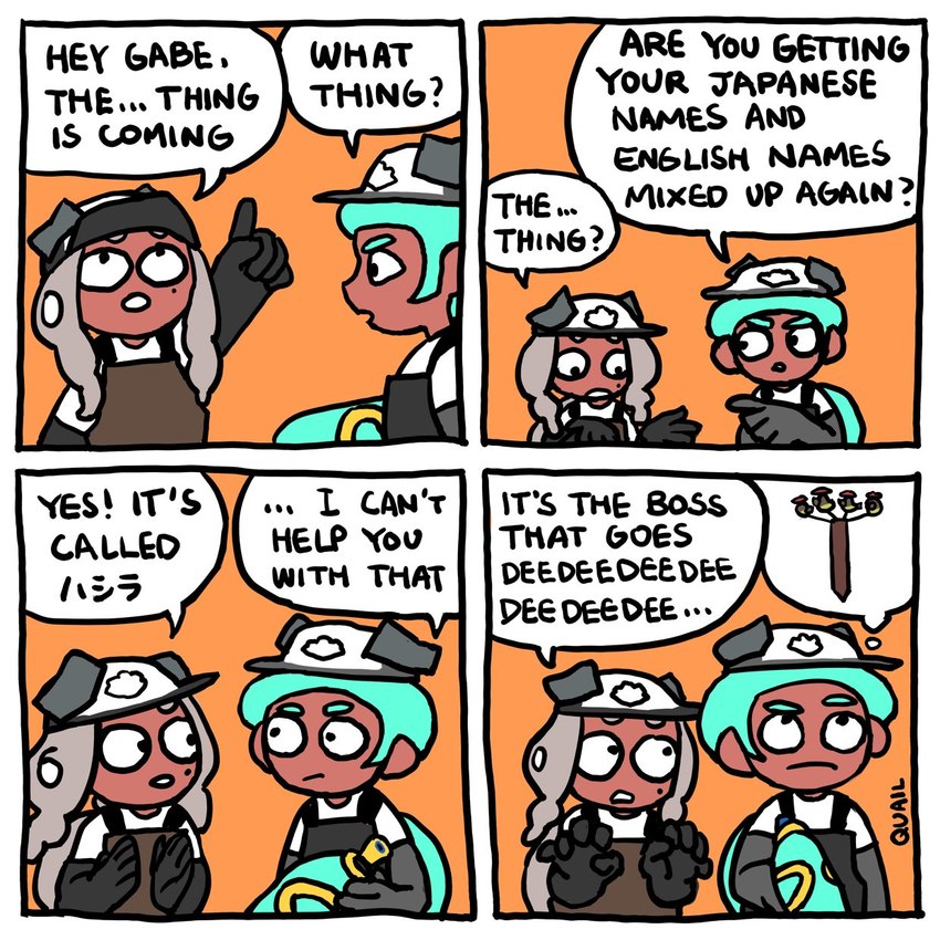 4-panel dialogue duo eyebrows female male raised_eyebrow singing speech_bubble splattershot text thought_bubble peachquail nintendo splatoon octoling_boy octoling_girl cephalopod fish fish_stick_(splatoon) humanoid marine mollusk octarian octoling salmon salmonid_(fish) salmonid_(splatoon) 1:1 artist_name comic english_text hi_res japanese_text translated